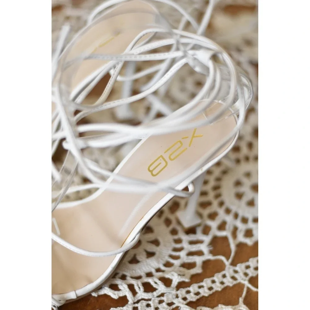 B2X Women‎ White Lace Up Strappy Square Toe Stiletto High Heel Sandals Size 7.5